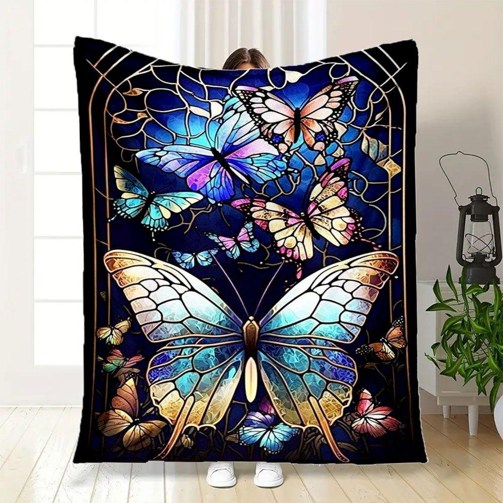 "Stained Glass Butterfly Window Art Decor"Blanket Flannel Throw Blanket for Sofa, Bed, Travel, Camping, Office, Couch, Chair, And Bed Gift f