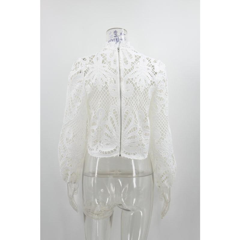 Women's New Sexy Hollow Out Long Sleeve Zipper Solid Colour Lace Shirt