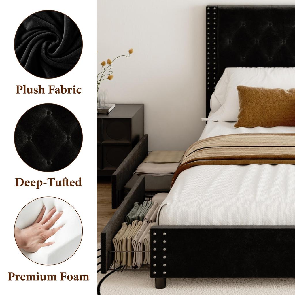 Bed Frame Bed Frame with Storage Drawers Soft Headboard Wood Slats Easy Assembly Metal Bed Frame Mattress Foundation for Bedroom