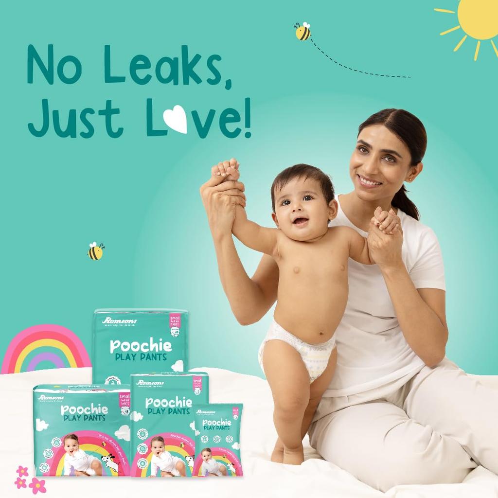 Romsons Poochie Play Pants Baby Diaper | Small Size | Leakproof Protection for Up To 10 Hours | 360° Comfort Fit | Suitable for 4-8 KG | Pack of 2