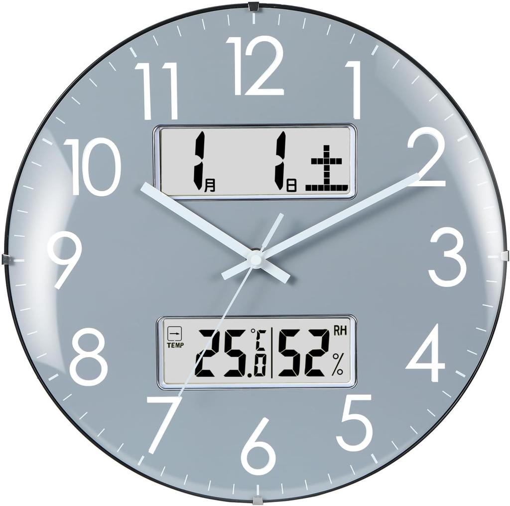 Wall Clock Radio Clock Day of the Week Display 33cm Diameter Analog Second Hand Stops at Night to Silent Spherical Glass Grey Temperature, Humidity,