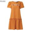 ZANZEA Women Casual Round Neck Loose Floral Embroidery Short Sleeve Dress