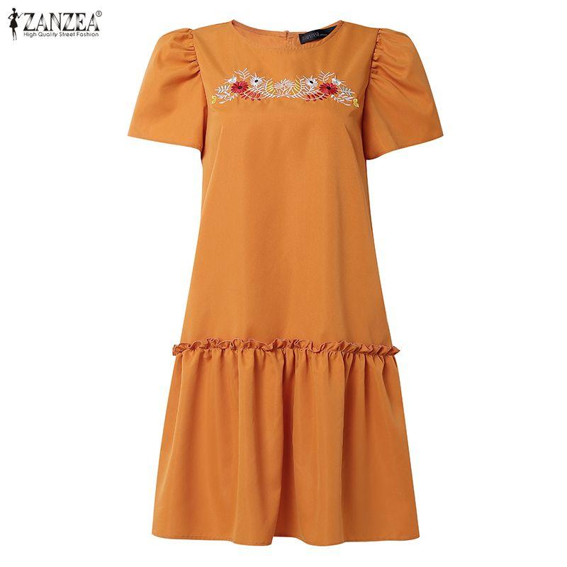 ZANZEA Women Casual Round Neck Loose Floral Embroidery Short Sleeve Dress