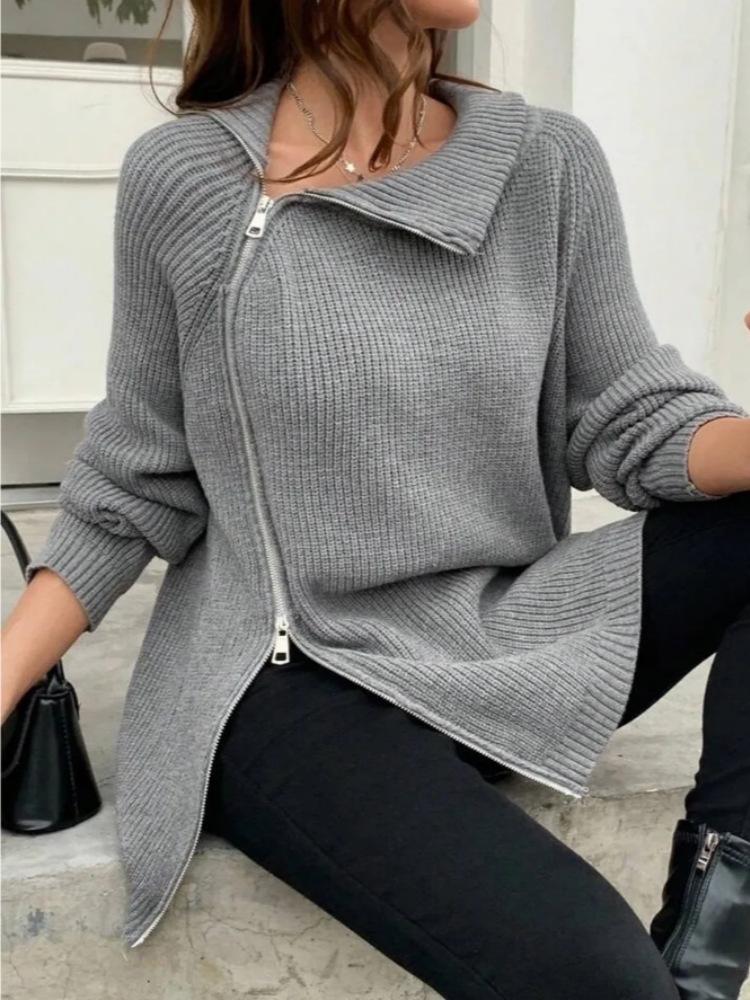 Europe, America and Russia knitted cardigan autumn and winter hot casual side zipper loose stand-up collar women's sweater jacket