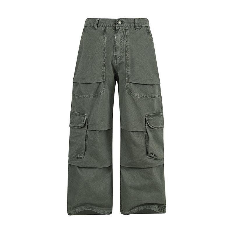 Cotton Multi Pocket Wide Leg Cargo Pants Men Vintage Loose Floor Length Casual Streetwear Unisex Trousers