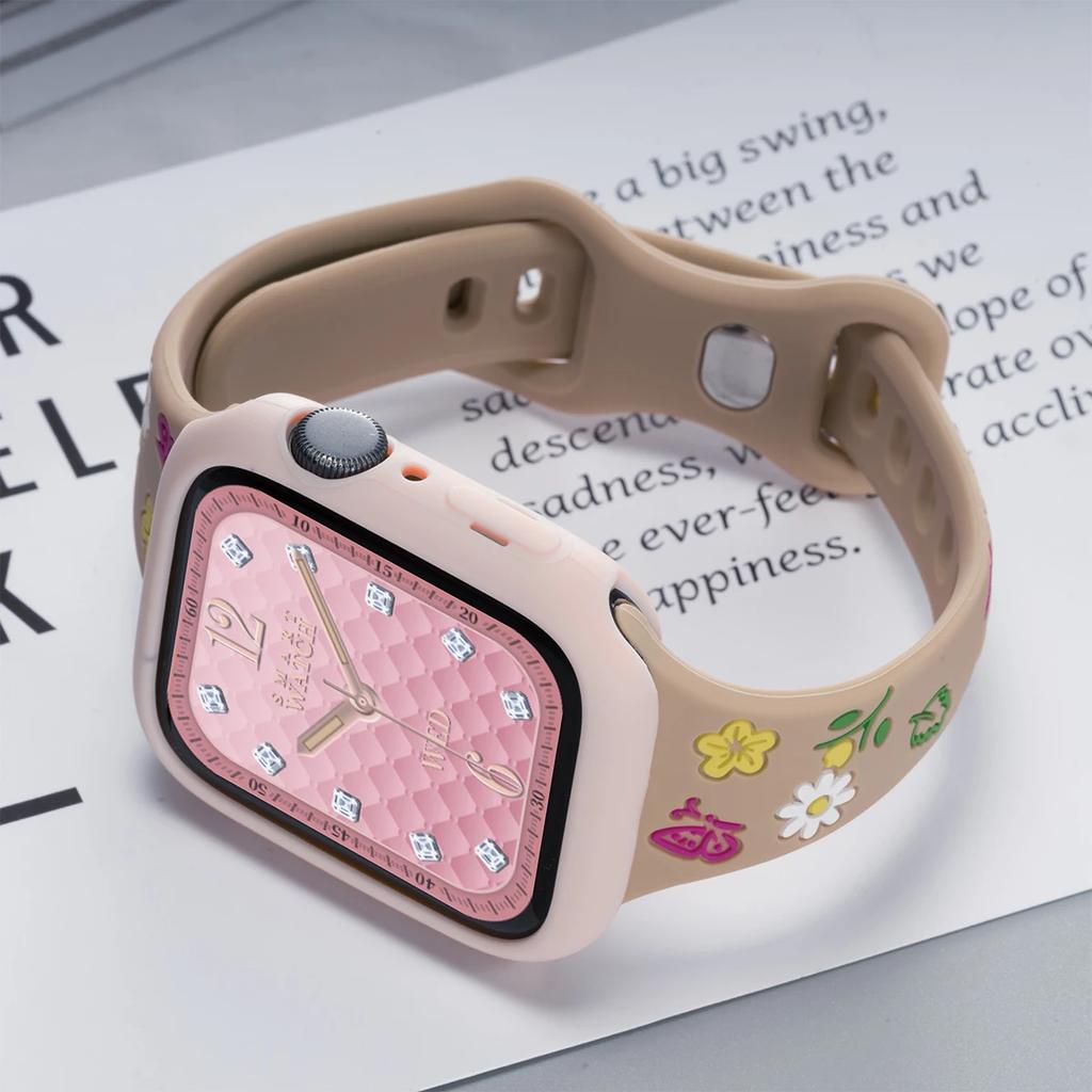 Cute Color Flowers Silicone Strap Case For Apple Watch 42mm 46mm 44 40mm 49 45 38 41mm Girl Slim Band For Iwatch 10 9 8 SE 7 6 5