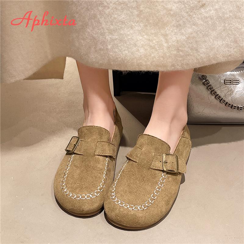 Fashion Aphixta Suede Upper Flat With Woman Loafers Shoes Sewing Design Slip on Ladies Shoes Khaki Round Toe Casual Shoes
