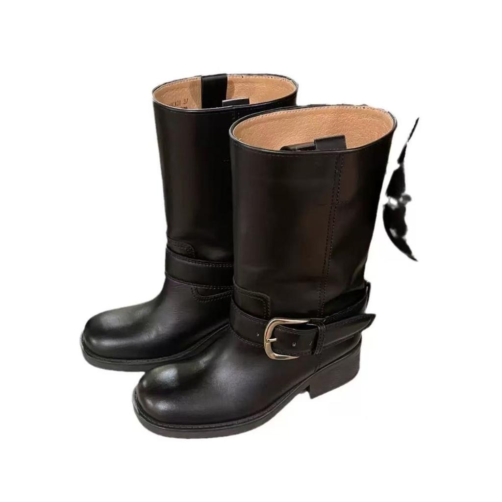 Cowhide Version~ Korean Wide Tube Leather Thick-soled Medium Tube Boots Women's Fat Mm Thick Leg Knight Boots Martin Western Boots Short Boots