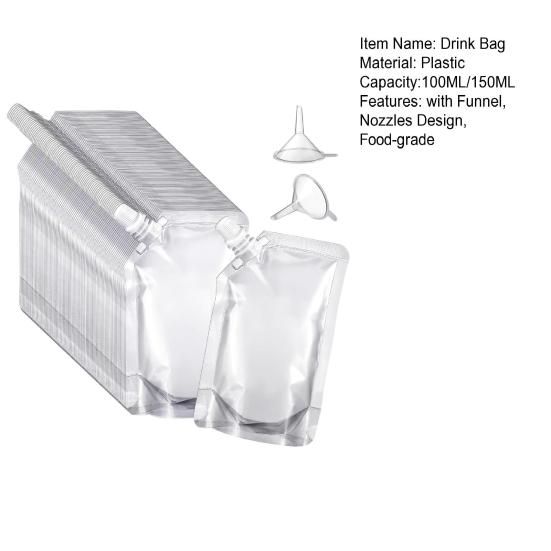 50Pcs 100/150ML Reusable Plastic Drink Pouches with Funnel Nozzles Design Food-grade Transparent Portable Drink Bags