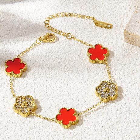 Lucky Five-Leaf Clover Beaded Bracelet for Women Classic Fashion Minimalist Gold Plated Stainless Steel Jewelry