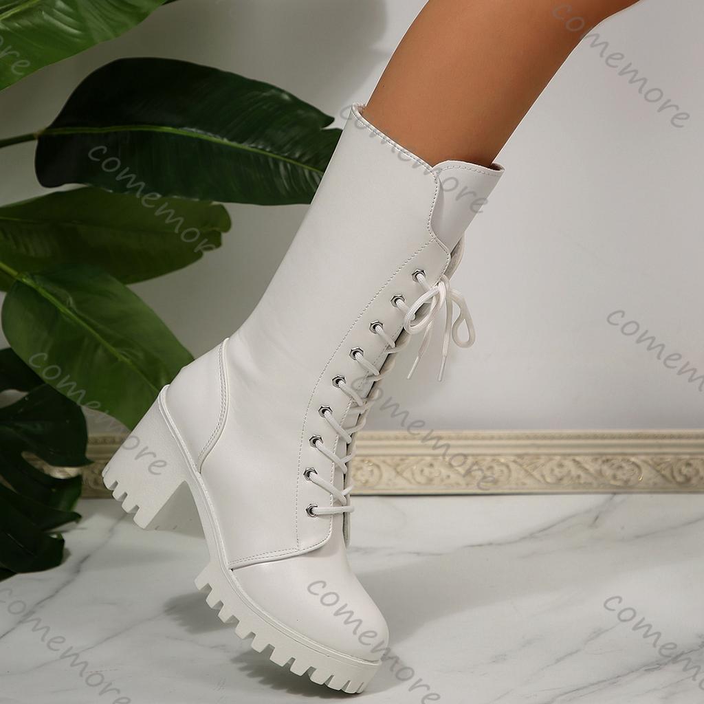 Fashion Comemore White Women's Boots New High Heels Lace-up Mid-calf Boots Fashion Platform Shoes Round Head Women's Botas for Autumn