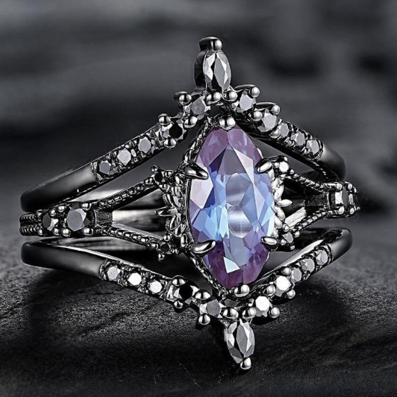 Delicate Women Rings Black Color Oval Round Blue Black Stone Rings Set Party Accessories Gift