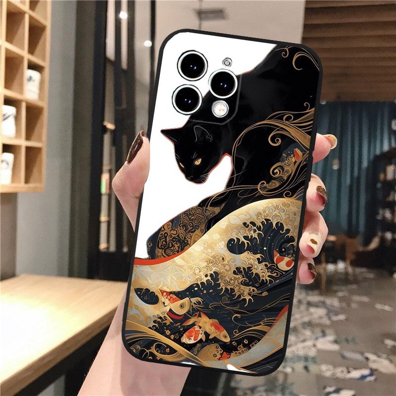 Phone Case Carcasa Funda For iPhone 17 Pro Max 17 Air 16 15 14 13 Pro Max 15 16 Pro 15Plus Art Black Cat Wave Van Gogh