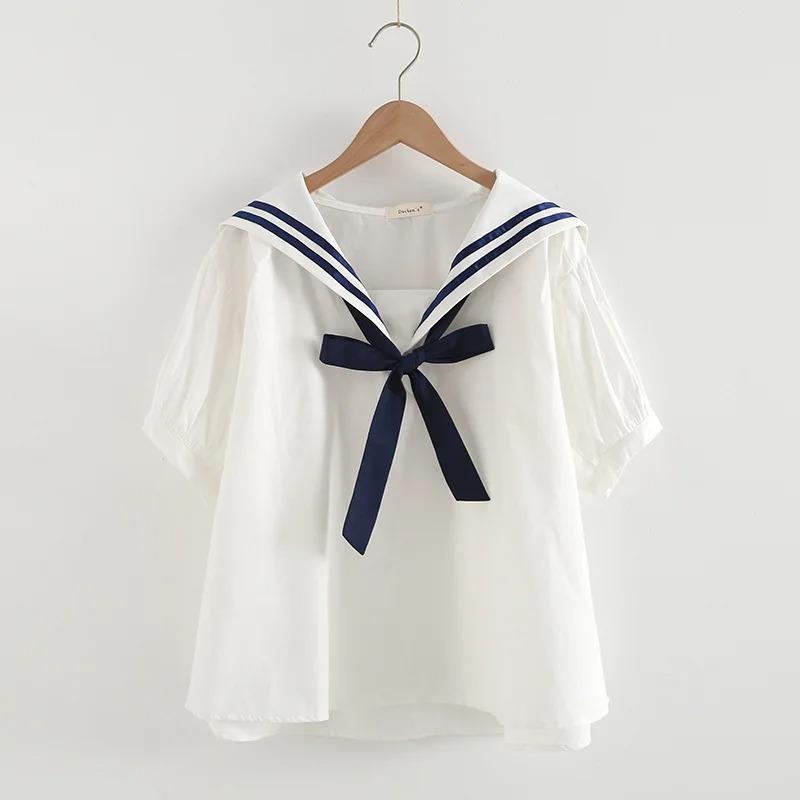 Camisas Femininas de Verão Blusas Brancas com Laço Manga Curta Gola Marinheiro Feminina Pulôver Solto Roupas Japonesas