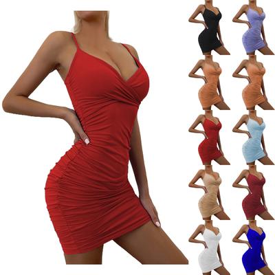 Moda feminina sexy suspensório saia verão decote em v quadril envolto vestido plissado
