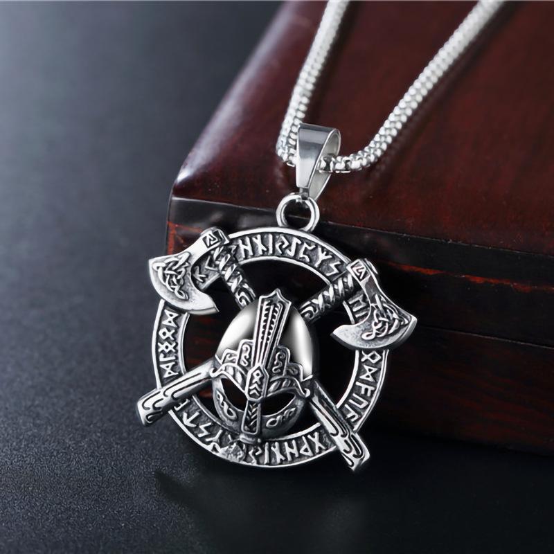 European and American Jewelry Nordic Viking Warrior Helmet Necklace Thor Axe Logo Pendant Necklace