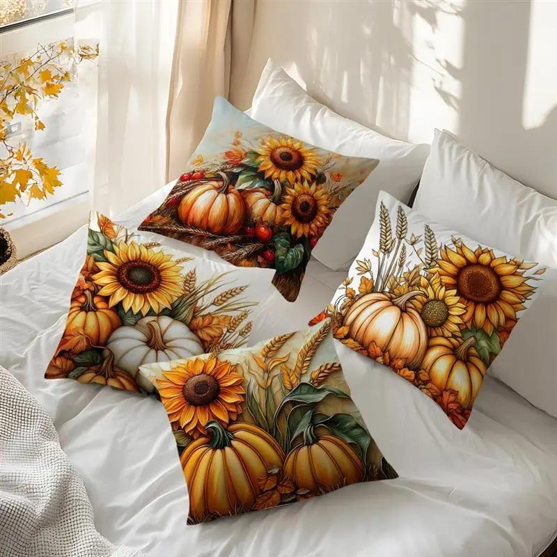 Home Decor Sunflowers & Pumpkins Fall Season Pillow Cover Pattern Cushion Cover Suitable for Sofa Bedroom Car Pillow Cover