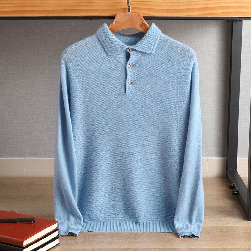 Men's Knitted Pure Wool Polo Shirt - Long-Sleeve Turn-Down Collar for Business Casual Wear