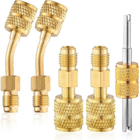R410A Mini Split Adapters, R410A Adapter Kit, R410A Charging Vacuum Port Connector with 5/16  Female to 1/4  Male, R410A Vacuum Pump Adapters for 2 Angled + 2 Straight