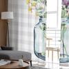 Flower Glass Vase Grey Plaid Sheer Curtain for Living Room Hall Wall Dress Up Home Window Supplies Pop Print Tulle Curtains