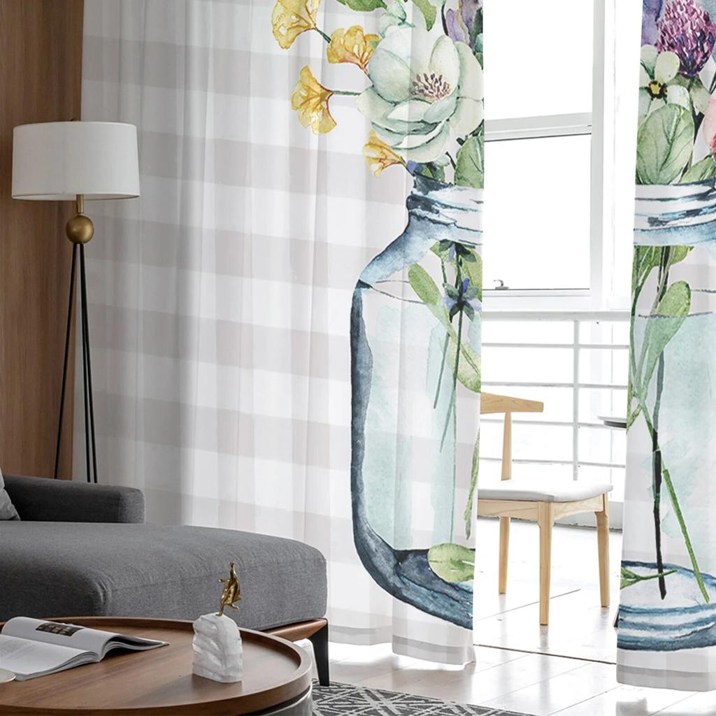 Flower Glass Vase Grey Plaid Sheer Curtain for Living Room Hall Wall Dress Up Home Window Supplies Pop Print Tulle Curtains