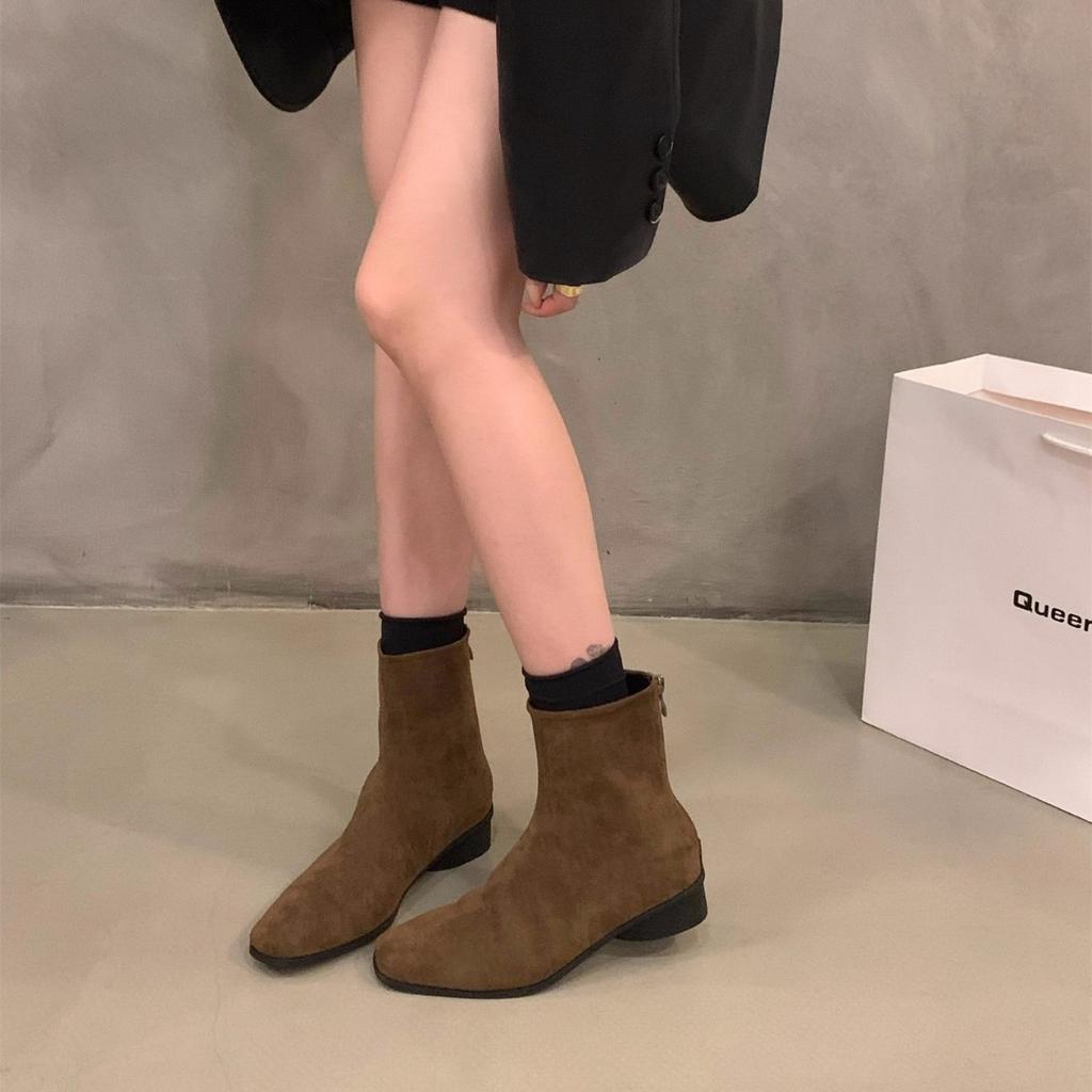 Thick Heel Square Head Korean Small Ankle Boots Women's Shoes 2025 New Spring, Autumn and Winter Velvet Thin Short Boots Martin Boots