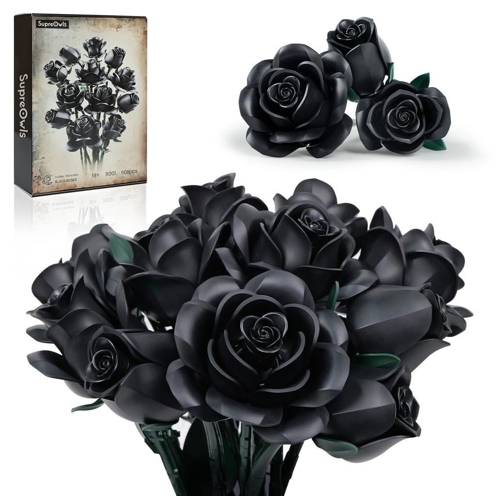 12 st Svart Ros Byggkloss Set Växtbukett Högkvalitativa Simulerade Rosor Blommor Gotisk Dekoration Alla Hjärtans Dag Gåva