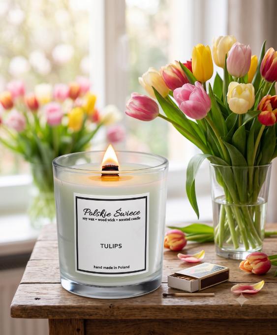 soy candle with wooden wick + TULIPS