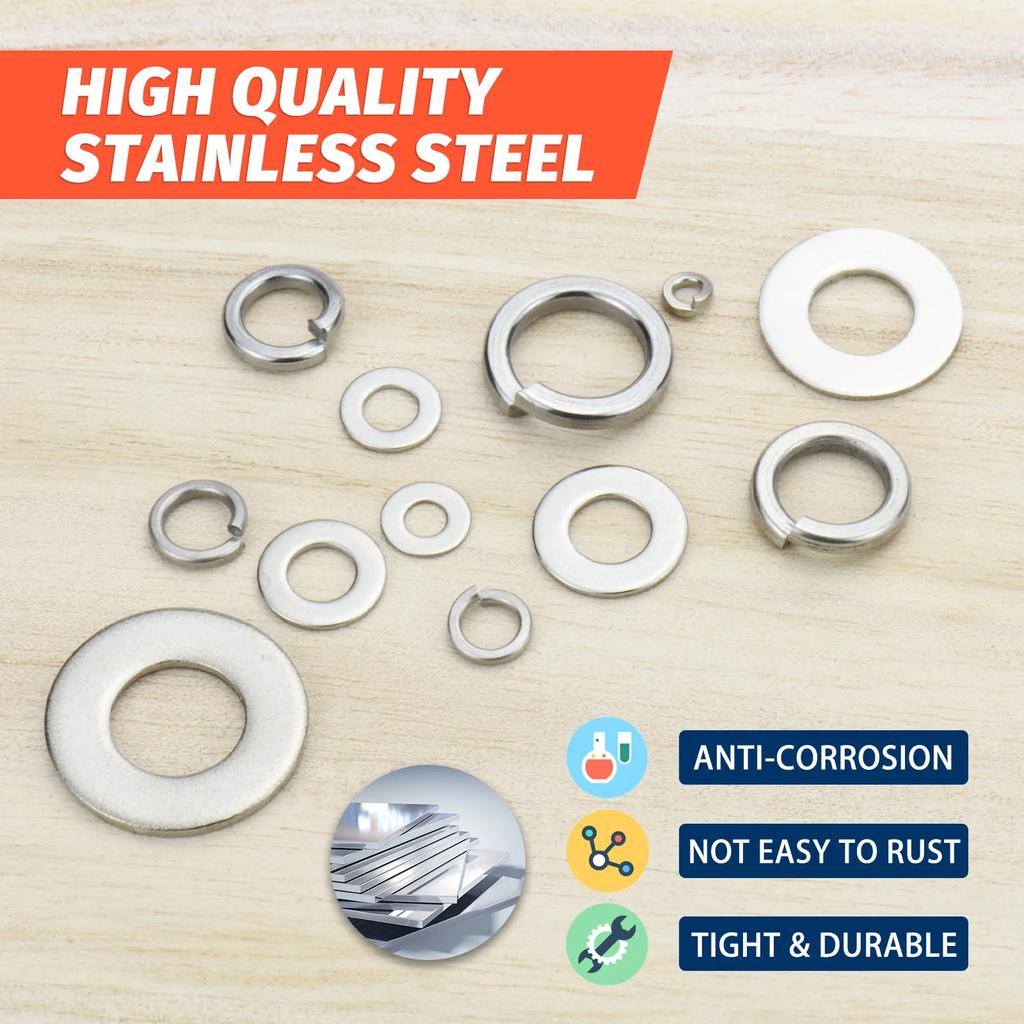 260PCS Stainless Steel Washer Kit – M3-M10 Lock & Flat Washers Set