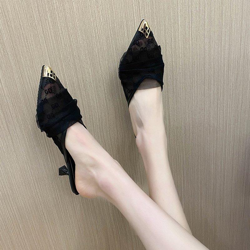 Pointed Stiletto Slippers Women's Outer Wear 2025 New Lace Hollow Temperament Fashion Fairy Style Metal Head Half Drag