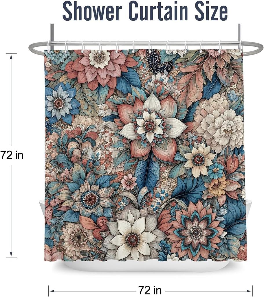 Boho Flower Shower Curtain Mandala Floral Vintage Flower,Pink Blue Bright Petal Leaves Farmhouse Fabric Shower Curtains Bathroom