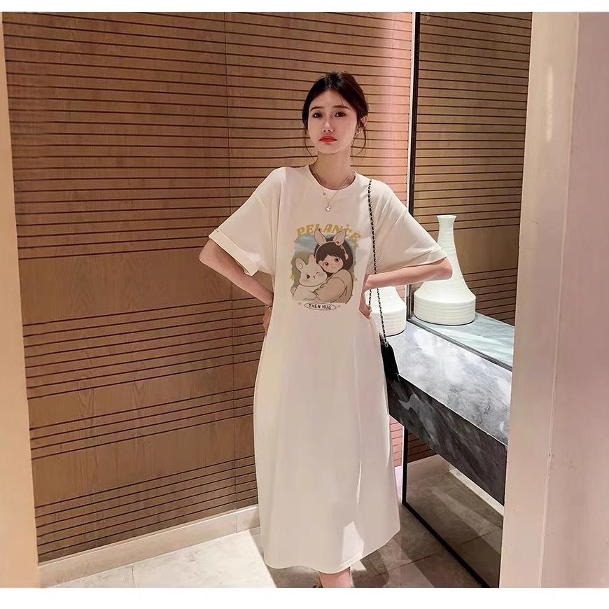 New Summer Short-sleeved Dress, Korean Casual and Laid-back Style T-shirt Dress, Loose Large-sized Over-the-knee Long Dress