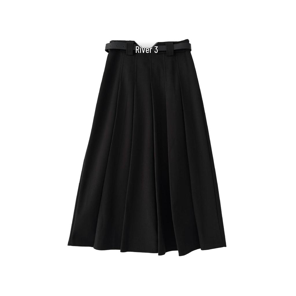 Women's Plus Size High Waist A-Line Woolen Pleated Skirt for Pear Shape, Mid-Length, Slimming Hips Cover