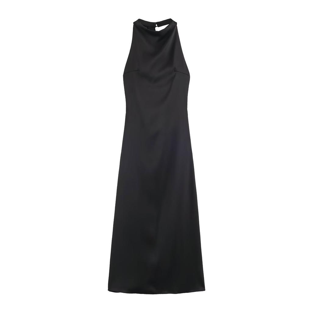 Summer European and American women's clothing yellow neck halter pleated Midi dress