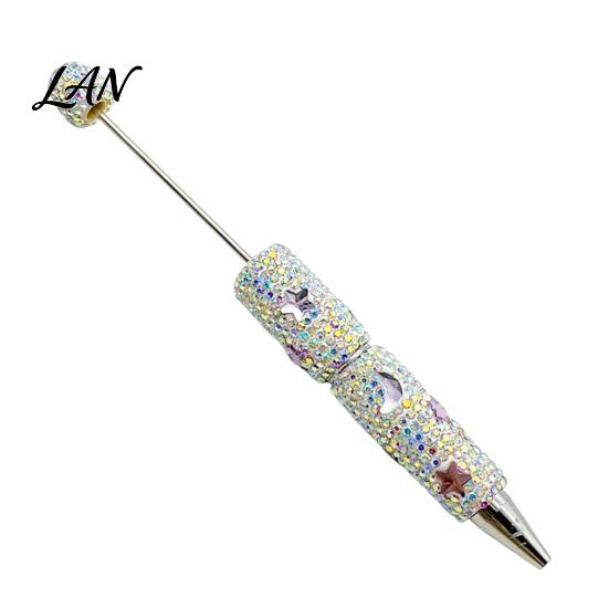 Shiny Rhinestone Pens Glitter Beadable Ballpoint Pen, Sparkly Star Moon Beaded Plastic Customizable DIY Handmade Gel Ink Pen for School Projects,