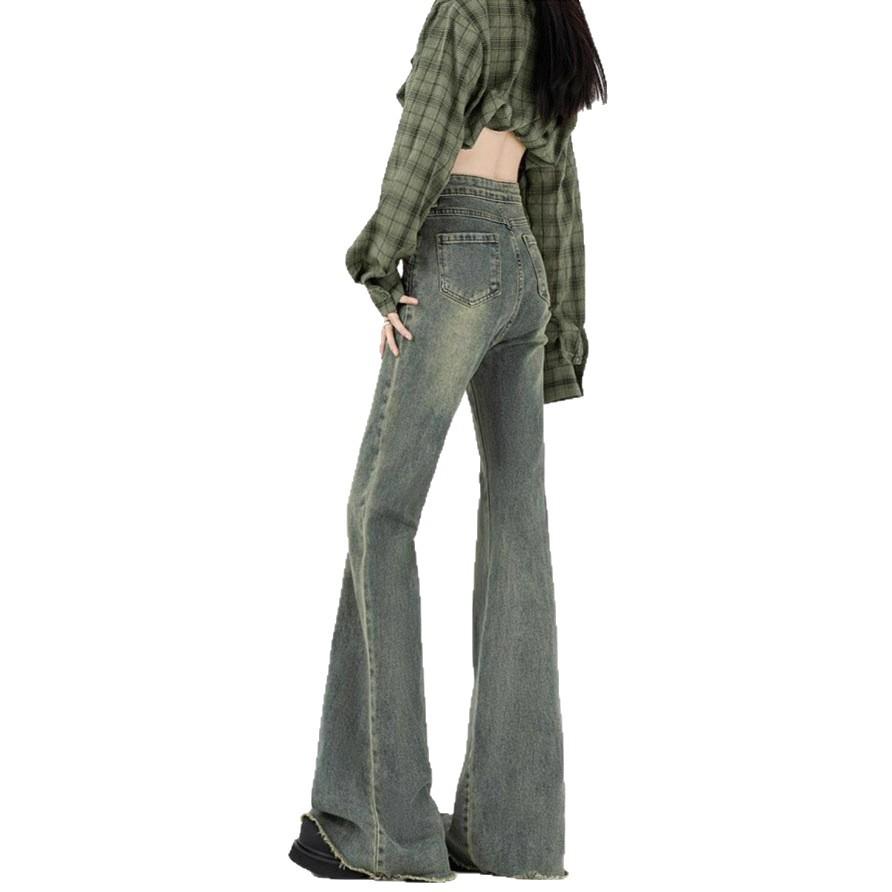 Nostalgia Blue Big Size Micro Flare Jeans Female Spring and Summer High-waisted Raw Edge Skinny Cover Crotch Flare Pants Retro Jeans for Ladies