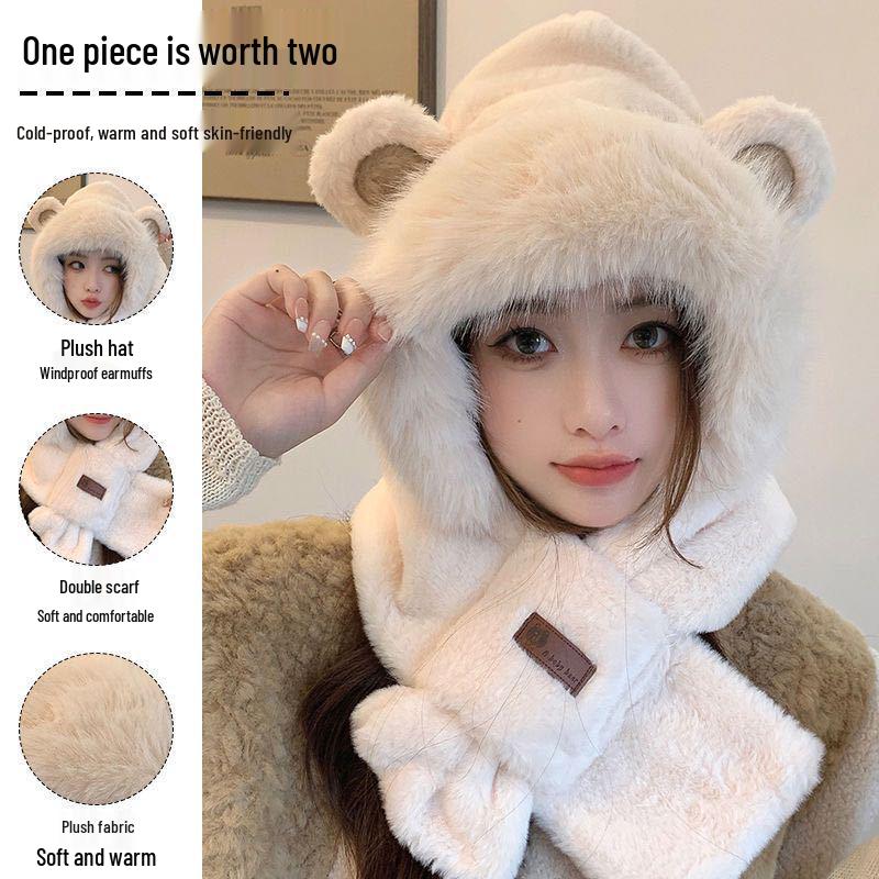 Plush Thickened Winter Hat with Scarf & Ear Protection – Cute Capybara Design for Women & Students