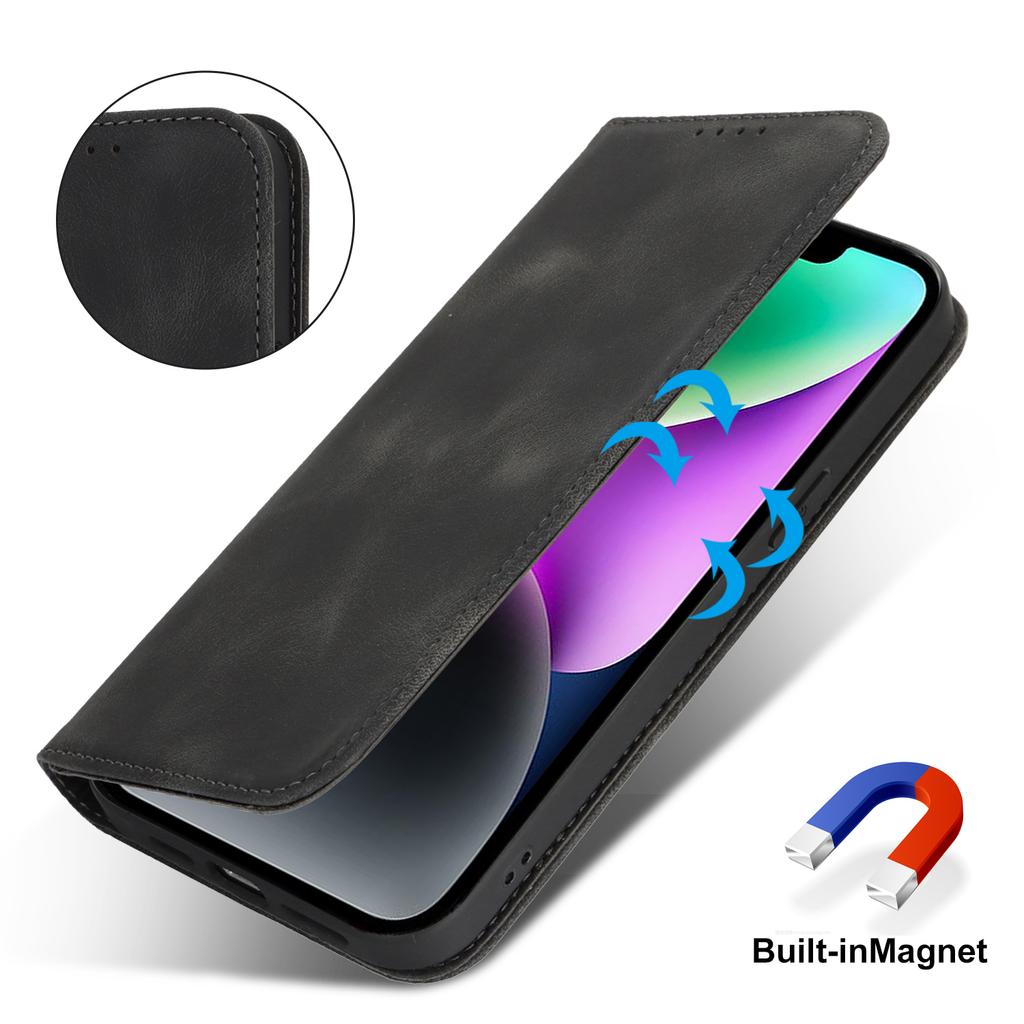 For iPhone 14/13 Stand Case Magnetic Closure Skin Touch Leather Flip Phone Cover with Wallet