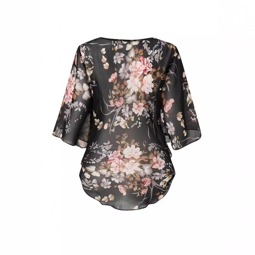 Summer European American Style Women's Sheer Chiffon Sheer Top Casual Blouse