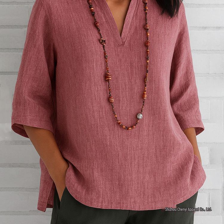 2026 European & American Women's V-Neck, 3/4 Sleeve Cotton Linen Loose Casual Top