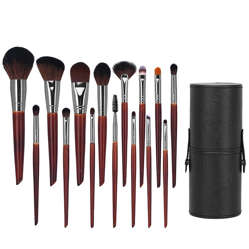 15-Piece Animal Hair Makeup Brush Set - Sandalwood Eyeshadow & Highlighter Brushes for Makeup Artists