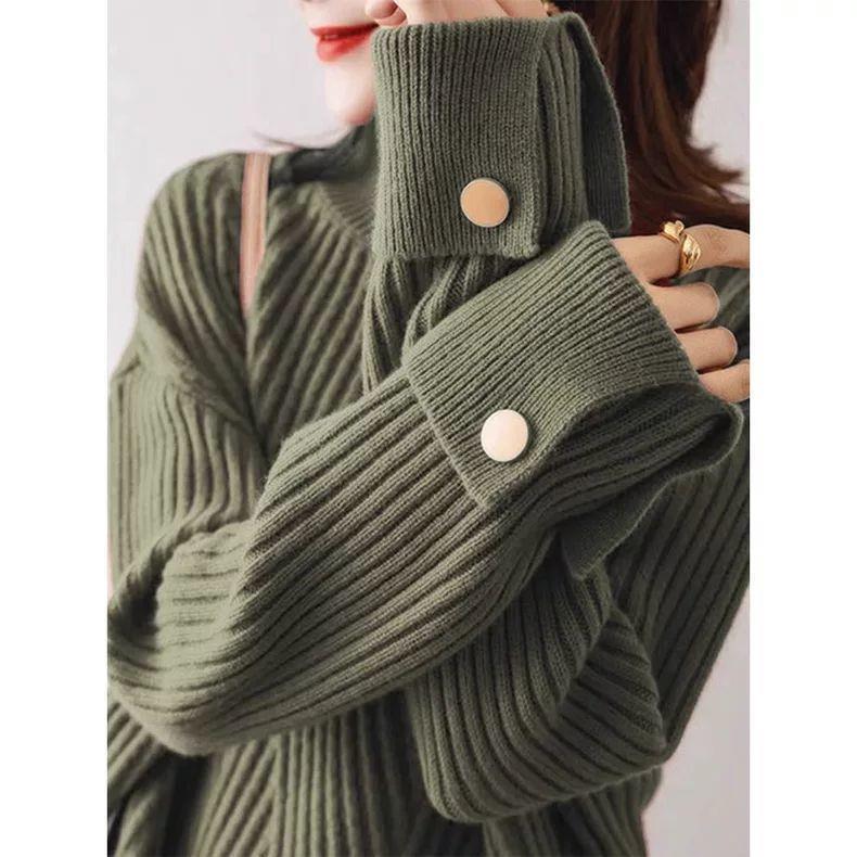 Tejido de punto acanalado estilo europeo de talla grande con cuello semi-alto: Suéter Suave de Otoño/Invierno para Mujer