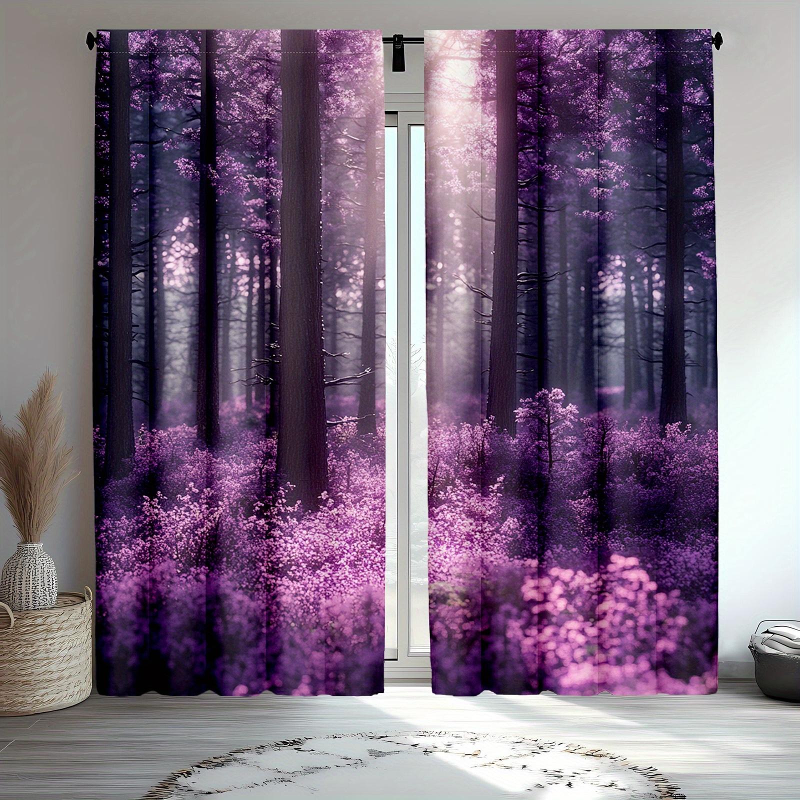 

Set Of 2 Enchanted Purple Forest Curtains Misty Nature Landscape Pink Flowers Semi Transparent Design Bedroom Made Polyester Sleeping Area Window W100*H70(CM)-Rod Pocket&1PCS