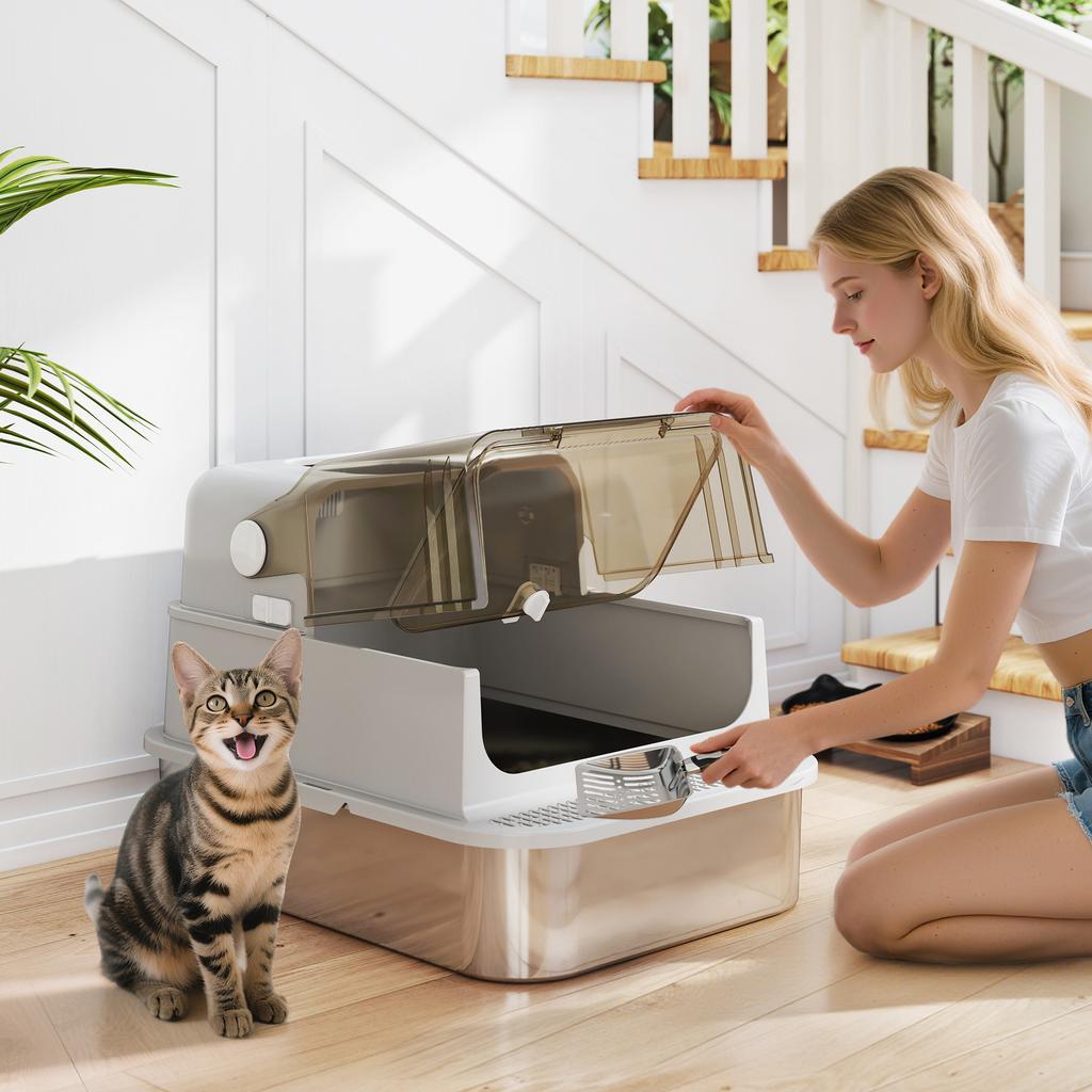 XXL Stainless Steel Cat Litter Tray, Enclosed Cat Litter Box with 90 degrees Flip Cover, Double Doors, Scoop, Easy Clean, Grey