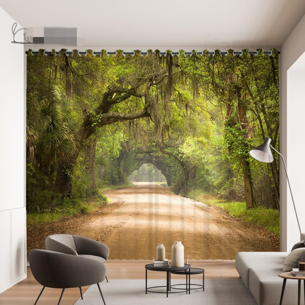 2 Panel Custom Forest Curtain Visual Extension Highway Curtain 3D Space Forest Tree Green Scenic Living Room Windows Curtain