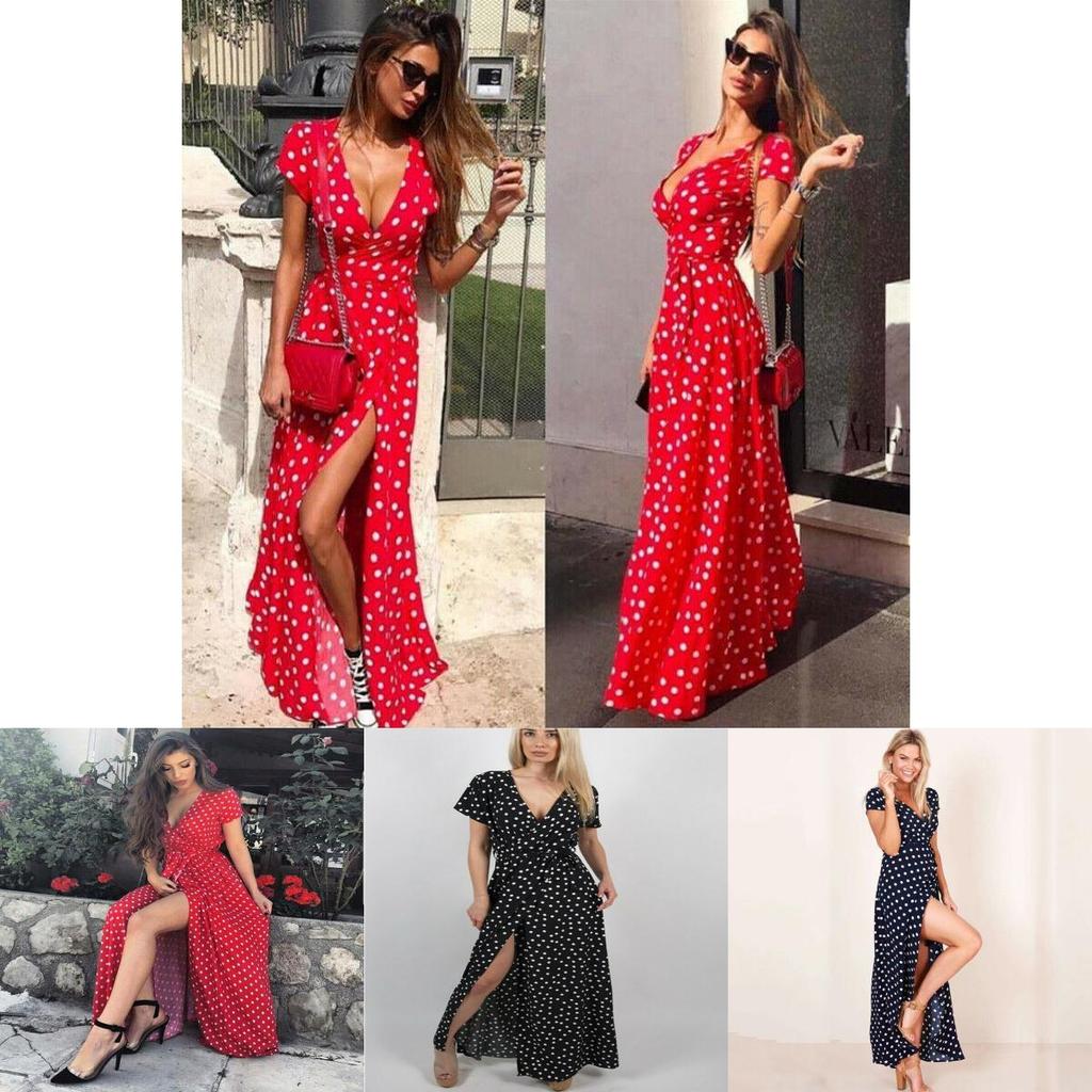Stylish Womens Holiday Polka Dots Slit Maxi Dress Perfect For Summer Beach Outings