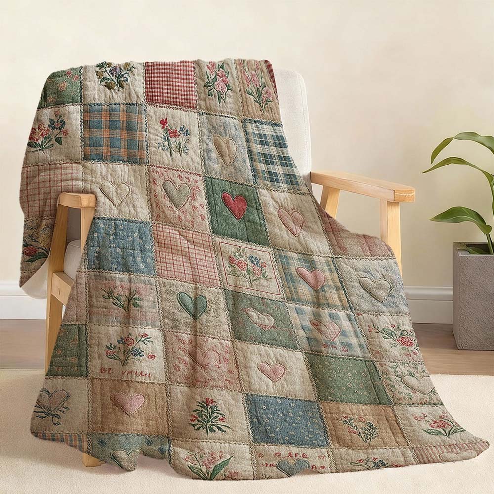 1 Stück Vintage Herz Florales Patchwork gesteppte Überwurfdecke Gemütliche Bauernhaus Heimdeko Decke für Couch Bett Sofa