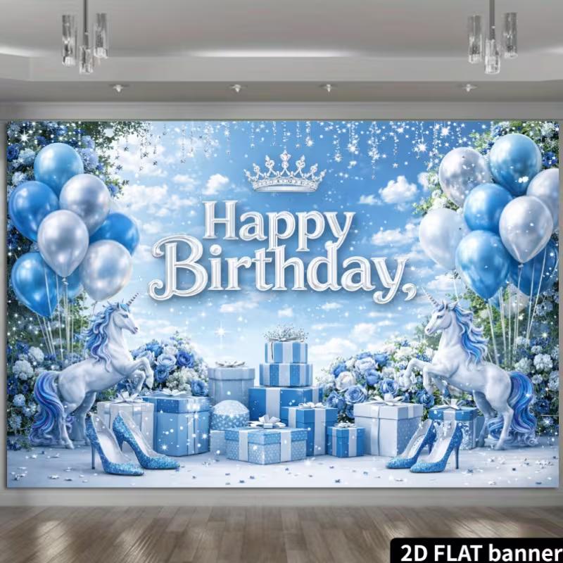 2D Blue Sky Unicorn Happy Birthday Photography Banner