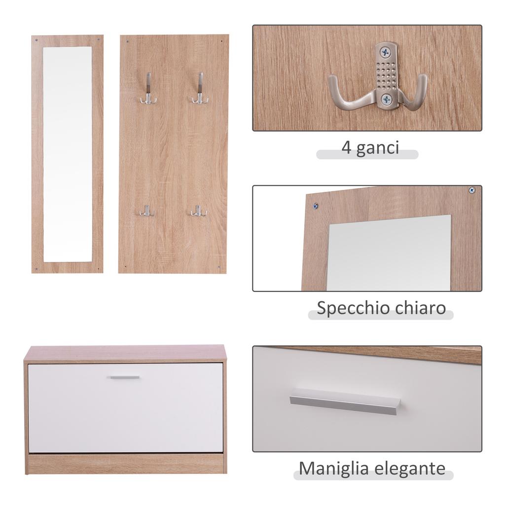 3-in-1 Flurmöbel-Set Garderobe Spiegel Schuhschrank Aufbewahrungs-Organizer m. Haken Holzfarbe