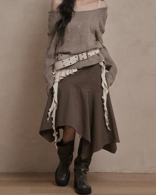 Kakipointeu Unbalanced Midi Skirt (Brown)